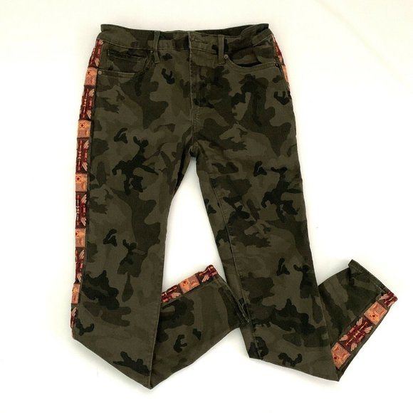 Driftwood Jackie Jeans Size 25 Camo Green-Brown Skinny with Orange Aztec Stripe - Picture 4 of 10